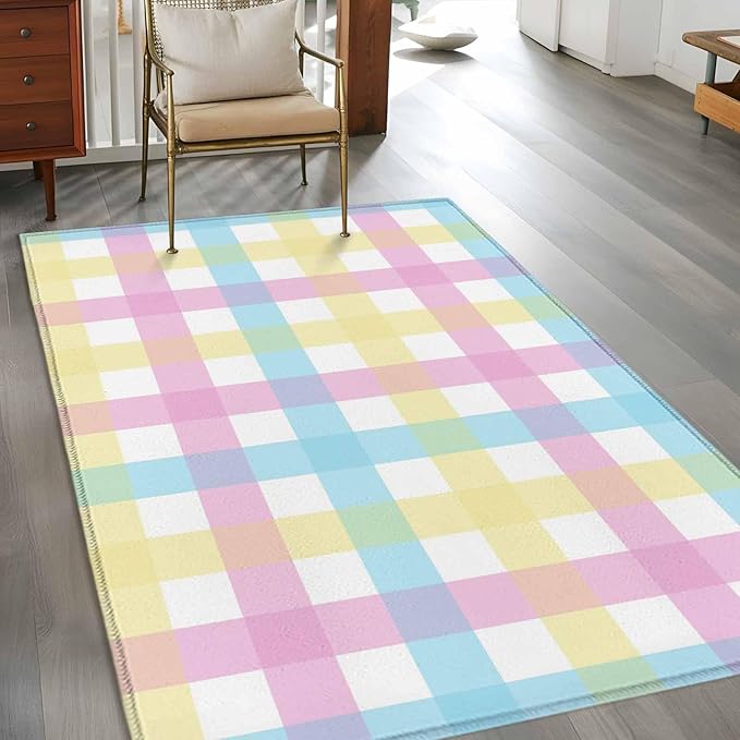 Area Rug 3x5ft, Spring Easter Colorful Lattice Washable Rugs for Living Room Bedroom, Minimalist Buffalo Checker Soft Non-Slip Area Rugs Rectangle Floor Carpet for Dining Room