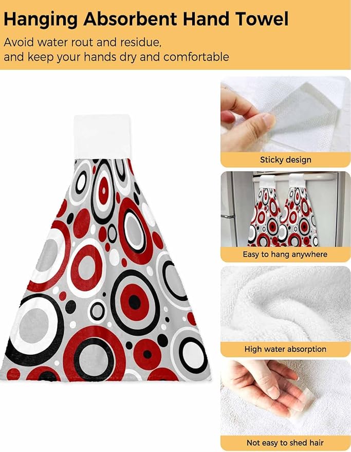 Alandar Home Kitchen Tie Towel Set of 2, Red White Black Circle on Gray Absorbent Soft Hand Towels for Bathroom Hanging Towels, Modern Geometric Art Fast Drying Cleaning Cloth with Loop