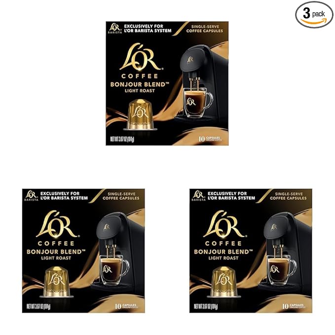 L'OR Coffee Pods, 30 Count Bonjour Light Roast Blend, Single-Serve Aluminum Coffee Capsules Compatible with the L'OR BARISTA System & *Nespresso Original Machines, 30 Count (Pack of 3)