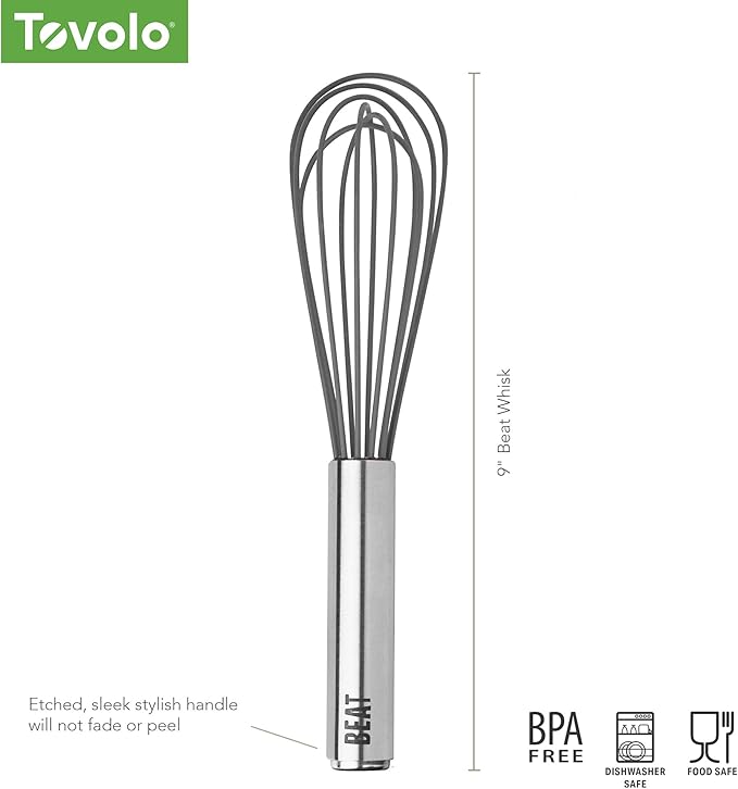 Tovolo Whisk 9 Inch Heavy Duty Silicone Wire Stainless Steel Whisker for Cooking Baking Blending Mixing Stirring Whipping Whisking, Dishwasher Safe Multi Use Classic French Wire Whisk, Charcoal Gray