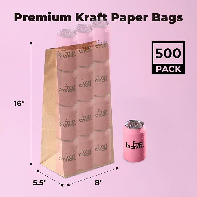Fit Meal Prep 500 Pack 20 lb Large Brown Paper Bags, 16 x 8 x 5.5” Durable Kraft Paper Bags Bulk for Packing, Delivery, Take Out, Grocery, Retail Shopping, Premium Big Size Paper Sacks for Shopping