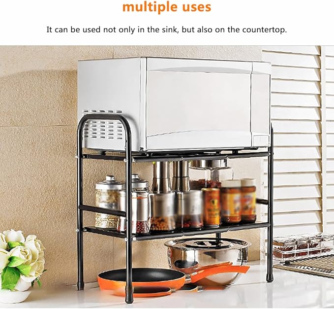 2-Tire Standing Rack, Bathroom Countertop Storage Shelf Cosmetic Organizer Holder Kitchen Spice Rack, Clothing, Pantry & More, Decorative Storage,Black,8boards