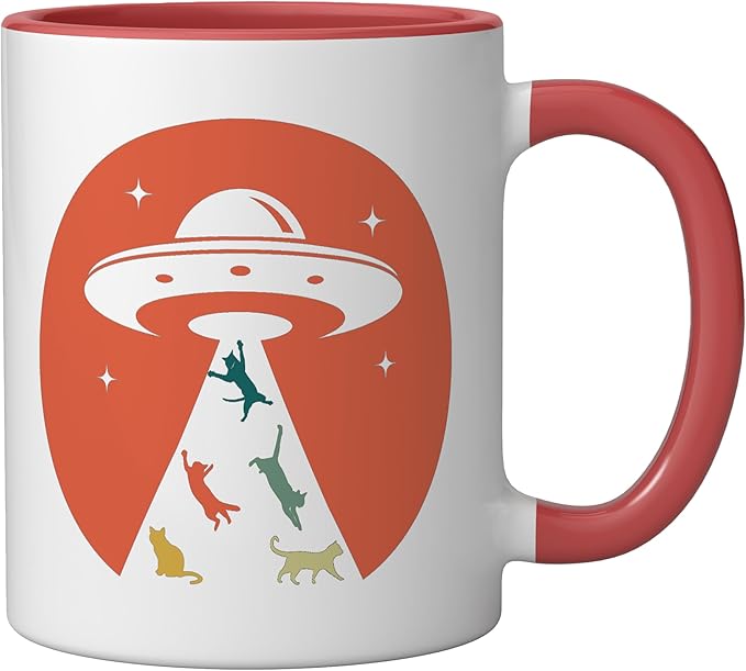Cat UFO Funny Cat humor Kitten Owner UFO lover flying saucer Ceramic Mug, Red/White