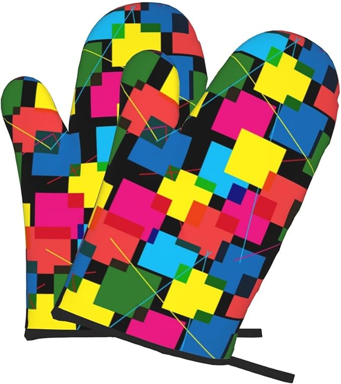 Colored Geometric Square Joined Patterns Oven Mitts of 2-Pack Set, Kitchen Gloves Heat Resistant Non-Slip Kitchen Mitts Safe Cooking Baking Grilling