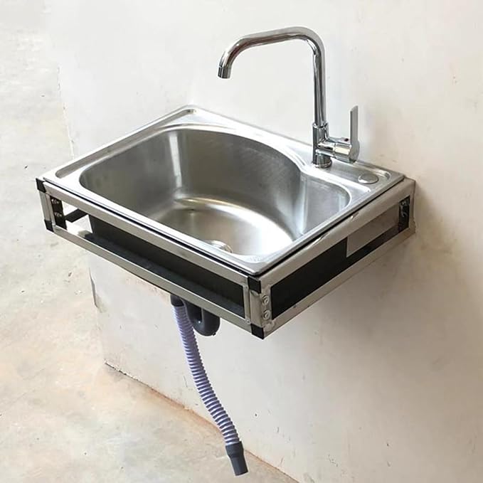 Stainless Steel Wall Mounted Commercial Restaurant Sink, Utility Sink Single Bowl with Drainer Unit and Tap, for Public Places, Restaurants, Schools, Kitchen,68x44cm-Hot and Cold Water