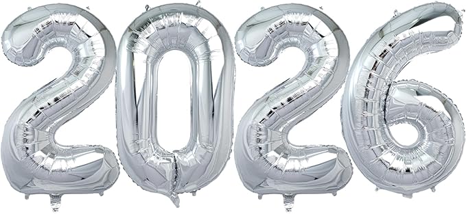 40 Inch 2026 Pack of 4 Silver Big Helium Foil Balloon Numbers Large Mylar Number for Christmas New Year's Eve Party Graduation Birthday