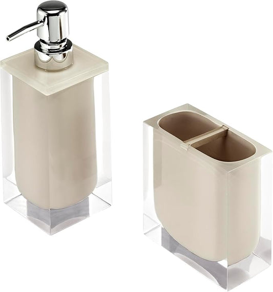 Izod – Bathroom Accessory Set, Toothbrush Holder and Lotion Dispenser, Clear Hand-Painted Resin with Linen Design, Modern Home Decor – Perfect for Organizing Bathroom Essentials (Marina)