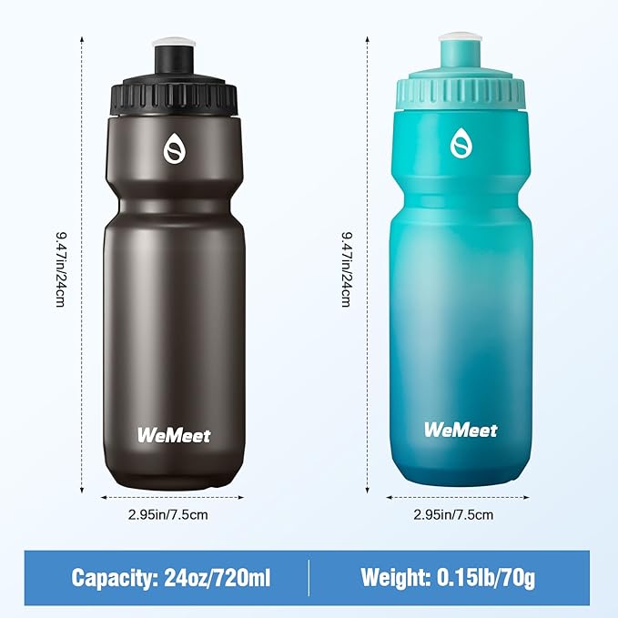 WEMEET 24oz Cycling Sports Bottle, Fits Most Bike Cages, LeakProof, BPA Free, Mountain Bike Squeeze Bottle with Capacity Scale, for Gym, Travel,Hiking (Black & Green Blue, 2 Pack)