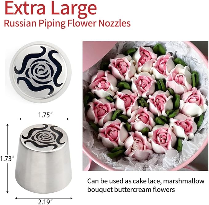 Extra Large Russian Piping Tip Set - 6 Stainless Steel Marshmallow Buttercream Framing Nozzles for 3D Roses Tulip Cake Decorations and Marshmallow Bouquets(6A)