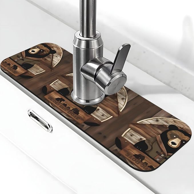 Rustic Lodge Bear Printed Faucet Absorbent mat, Suitable for bathrooms, Kitchens, and Other Sink Areas.