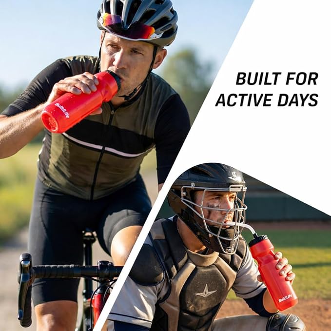 BuildLife 2 Pack Sports Water Bottle - Hockey Water Bottle with Long Straw and 2 lids (Straw and Squeeze) for Helmet Sports Hockey, Lacrosse, Football, Boxing, BPA Free,Dishwash Safe (Red)