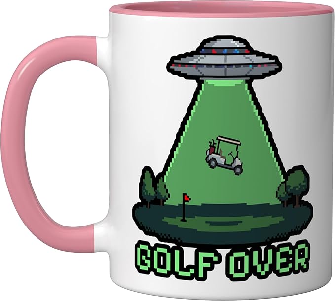 Retro Funny GOLF OVER Pixel Art UFO Abducting Golf-Cart Ceramic Mug, Pink/White