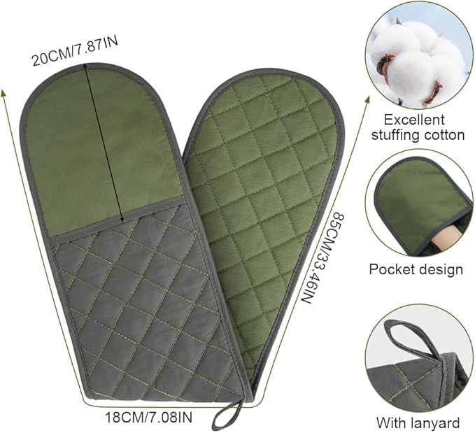 AUAUY Green Double Oven Mitts, 250°C/482°F Heat Resistant BBQ Mittens with Ropes, Silicone Non-Slip Design Kitchen Mittens, Cooking Glove Kitchen Accessories for Cooking Baking Grilling
