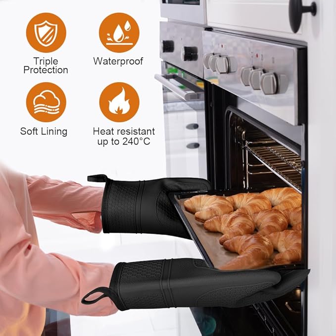 AUAUY Oven Mitts with 2 Potholders, Silicone Oven Gloves Heat Resistant 464°F, Non-Slip Silicone BBQ Gloves, Waterproof Cooking Gloves, Oven Gloves for Barbecue Kitchen Baking Microwave, Black