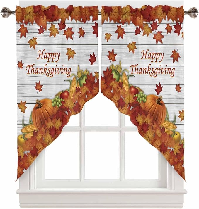 Happy Thanksgiving Orange Pumpkins Maple Leaves Fall Swag Valance Curtains Autumn Harvest Corn Apples Wood Grain Rod Pocket Kitchen Curtains, Scalloped Window Treatment Valances, 1 Pair, 36"W x 36"L
