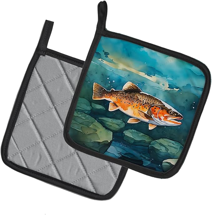 Caroline's Treasures Brown Trout Pair of Pot Holders Kitchen Heat Resistant Pot Holders Sets Oven Hot Pads for Cooking Baking BBQ, 7 1/2 x 7 1/2