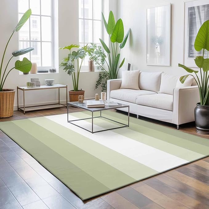 Area Rug 9x12ft, Modern Sage Green Gradient Style Washable Rugs for Living Room Bedroom Rectangle Floor Carpet, Farmhouse Ombre Stripe Soft Non-Slip Area Rugs for Dining Room