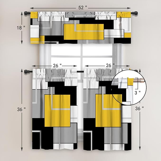 MCALK Yellow Blackout Kitchen Curtains Tiers and Valances Set 3 Piece for Windows Gold Geometric Modern Art Kitchen Window Curtains Set,Grey and Black Valances for Living Room(36" Tiers Set)