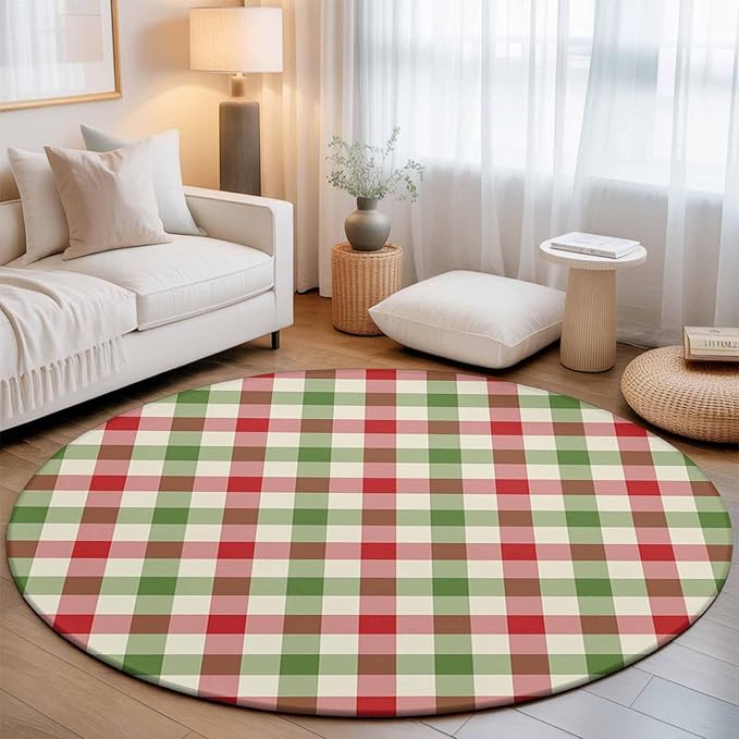Washable Round Area Rug Vintage Pastoral Red Green Buffalo Gingham Circle Rugs Floor Carpet for Living Room Bedroom, Christmas Plaid Soft Non Slip Round Rug 5ft