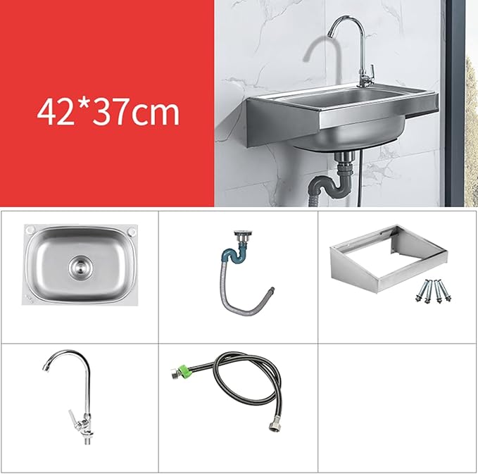 Wall Mounted Commercial Restaurant Sink, Utility Laundry Portable Handwashing Station, Stainless Steel Space Saver Hand Wash Sink with Faucet and Drain, Suitable for,42x37cm-Single cold water f