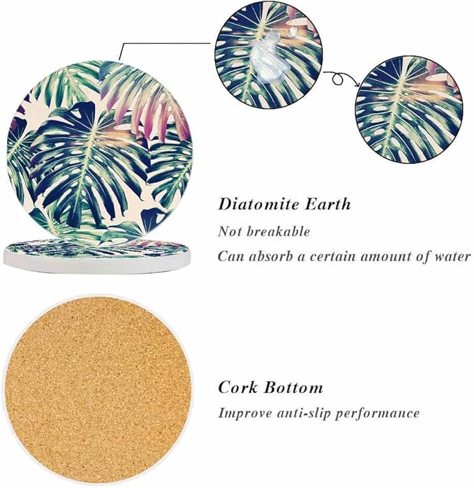 oFloral Tropical Coasters for Drinks Leaves Wild Monstera Exotic Summer Cups Place Mats for Home Decor Set of 2, 4 Inch