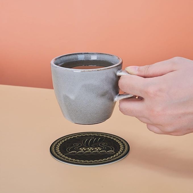 Black Viking Magical Runic Runes Leather Drinks Coasters with Holder, Set of 6, Suitable for Various Cups