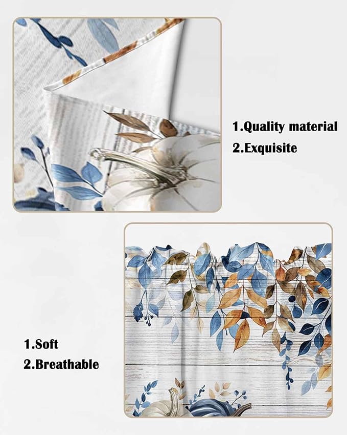 Blue White Orange Pumpkins Eucalyptus Leaves Fall Swag Valance Curtains Autumn Thanksgiving Vintage Wood Grain Rod Pocket Kitchen Curtains, Scalloped Window Treatment Valances, 1 Pair, 28"W x 36"L