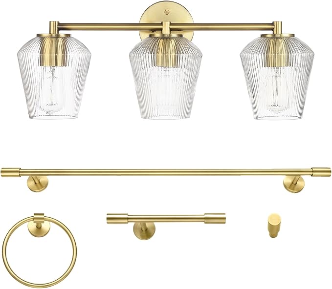 GLOBE Electric 63000063 5-Piece All-in-One Bathroom Set, Matte Brass Finish, 3-Light Vanity Light, Glass Shades, Towel Bar, Toilet Paper Holder, Towel Ring, Robe Hook, Bathroom Lights Over Mirror