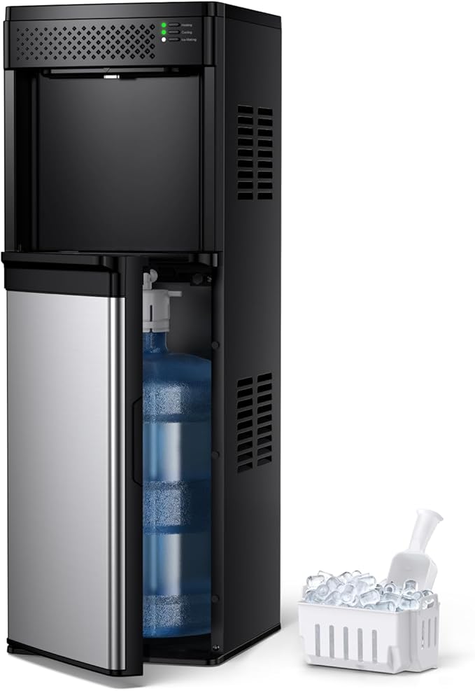Euhomy 4-in-1 Water Dispenser with Ice Maker, Bottom-Loading Water Cooler Hot and Cold, Fits 3 & 5 Gallons, 33 lbs per Day Ice Production, Childproof Lock, for Home Office Kitchen, Black