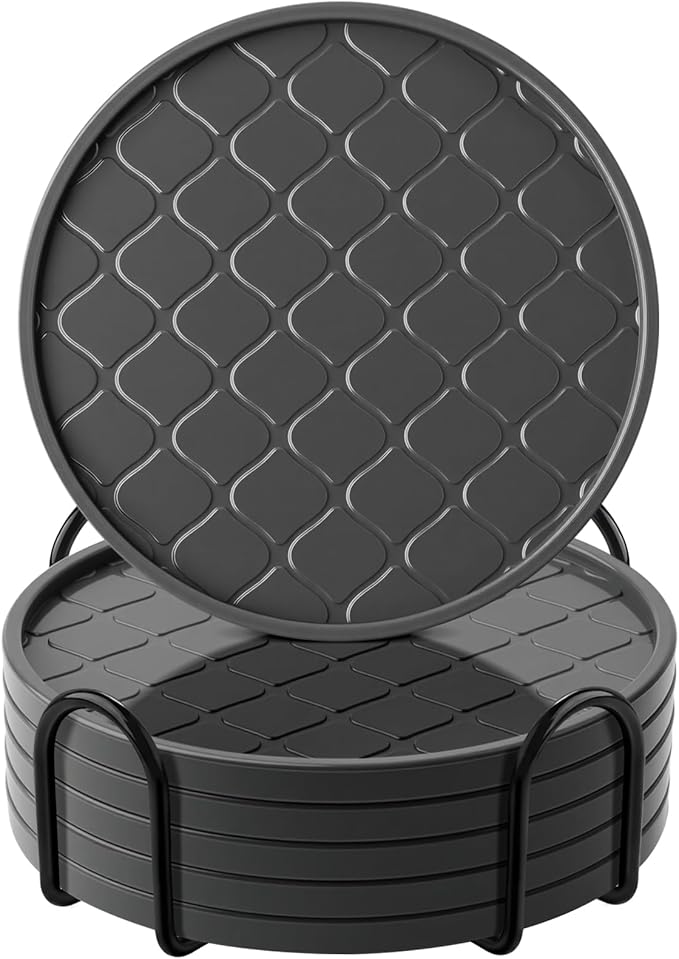Coasters Set of 6,Hot or Cold Drink Coasters with Holder,Modern Style Coffee Table Coaster,Suitable for Kinds Cups Beer,Drink,Anti-Overflow Tabletop Protection(Gray, 6pcs)