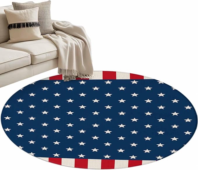 Washable Round Area Rug American Independence Day Circle Rugs Floor Carpet for Living Room Bedroom, USA Stars on Blue Red White Border Soft Non Slip Round Rug 4ft