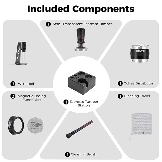 IKAPE 51MM Black Espresso Tool Set 8 IN 1, Coffee Tamper, Distributor, Magnetic Funnel, Puck Screen, Tamper Station, Stirrer Distribution Tool, Cleaning Towel and Brush
