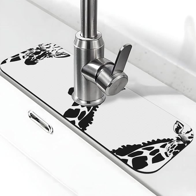 Black and White Giraffe Printed Faucet Absorbent mat, Suitable for bathrooms, Kitchens, and Other Sink Areas.