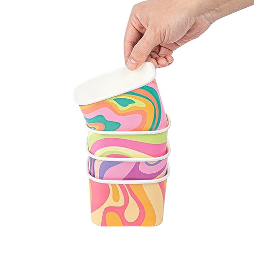 Restaurantware Paper Cups 200 Count 12 Ounce Square Disposable Ice Cream Containers, Leak-Resistant Paper Dessert To Go Cups, Hot And Cold Food, Durable Assorted Groovy Design
