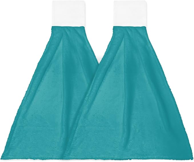 Alandar Home Kitchen Tie Towel Set of 2, Pure Color Blue and Green Absorbent Soft Hand Towels for Bathroom Hanging Towels, Plain Single Bright Color Fast Drying Cleaning Cloth with Loop