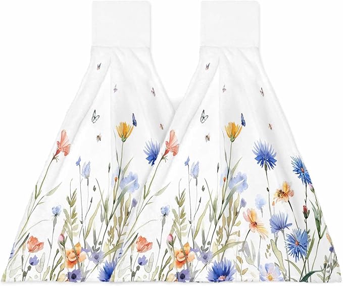 Alandar Home Kitchen Tie Towel Set of 2, Pastoral Blue Floral Butterfly on White Absorbent Soft Hand Towels for Bathroom Hanging Towels, Watercolor Flowers Fast Drying Cleaning Cloth with Loop