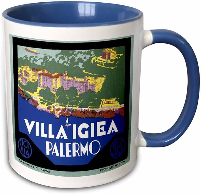 3dRose Vintage Villa Igiea Palermo Italy Luggage Label 15oz Two-Tone Blue Mug