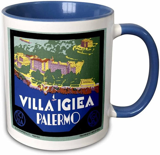 3dRose Vintage Villa Igiea Palermo Italy Luggage Label 15oz Two-Tone Blue Mug