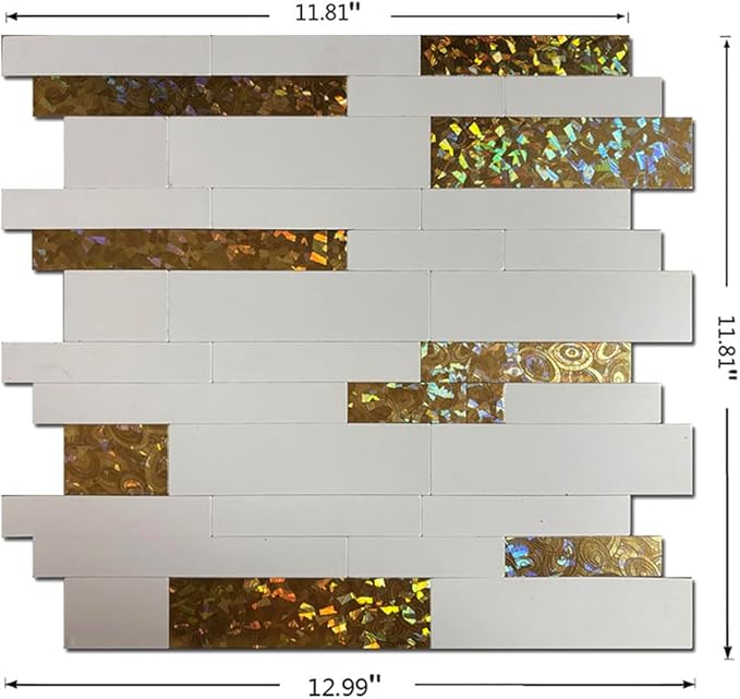 10-Sheet Peel and Stick Backsplash Tile, PVC Mixed Meta,l Stick on Kitchen, Bathroom Vanities, Fireplace Décor, Laundry Table (White+Golden Lasing)
