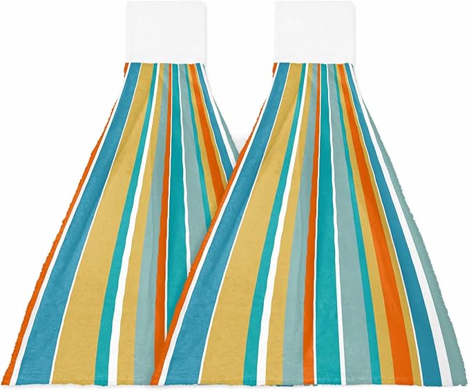 Alandar Home Kitchen Tie Towel Set of 2, Blue Yellow Green Stripes Absorbent Soft Hand Towels for Bathroom Hanging Towels, Colorful Vertical Stripes Fast Drying Cleaning Cloth with Loop