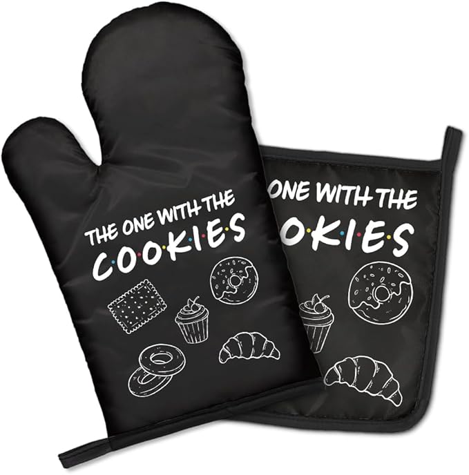Kitchen Exclusive Oven Mitts and Pot Holder Set, Protective Kitchen Mitts for Grill Lover, Cooking Gifts for Men Women Chef, Birthday Gifts for Dessert Lovers Friend (Cookies)