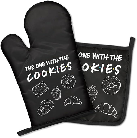 Kitchen Exclusive Oven Mitts and Pot Holder Set, Protective Kitchen Mitts for Grill Lover, Cooking Gifts for Men Women Chef, Birthday Gifts for Dessert Lovers Friend (Cookies)