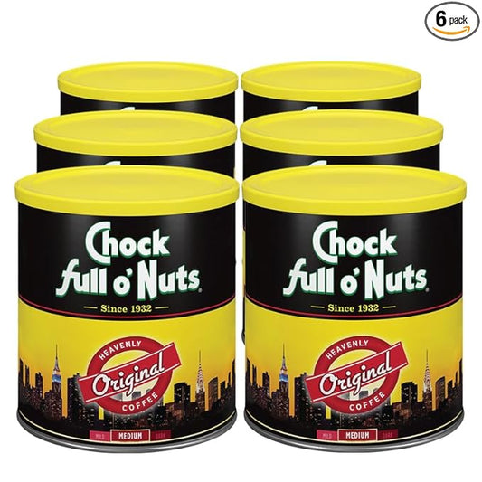 Chock Full o' Nuts Heavenly Original Ground Coffee – Premium Beans in Recyclable Steel Can – Rich Flavor & Aroma, Medium Roast – Perfect for Drip, Pour-Over, Percolator – 30.5 Oz Can, Pack of 6