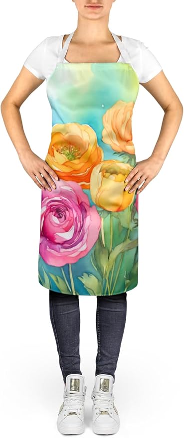 Caroline's Treasures Ranunculus in Watercolor Apron Cooking Kitchen Server Baking Crafts Gardening for Adult Women Men, Unisex, Large, Multicolor
