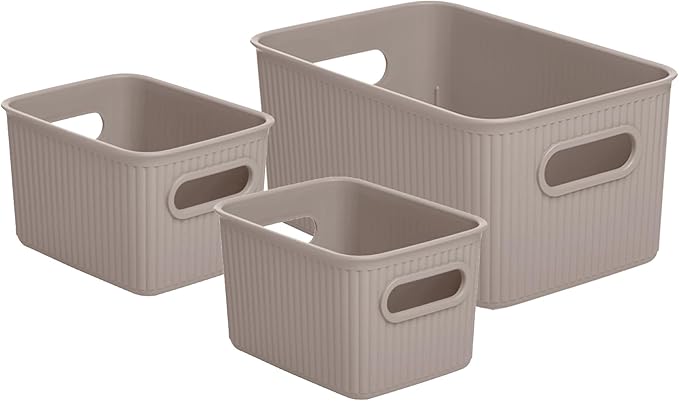 Superio Decorative Plastic Basket Open Home Storage Bins Organizer, Taupe (Set of 3) 1 Medium, 2 Small - Container Boxes for Organizing Closet Storage Bins for Shelves - Ribbed Collection