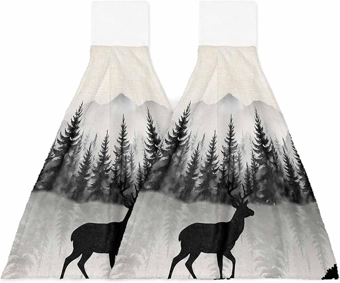 Alandar Home Kitchen Tie Towel Set of 2, Farmhouse Deer Sihouette Absorbent Soft Hand Towels for Bathroom Hanging Towels, Forest Tree Mountain on Linen Fast Drying Cleaning Cloth with Loop