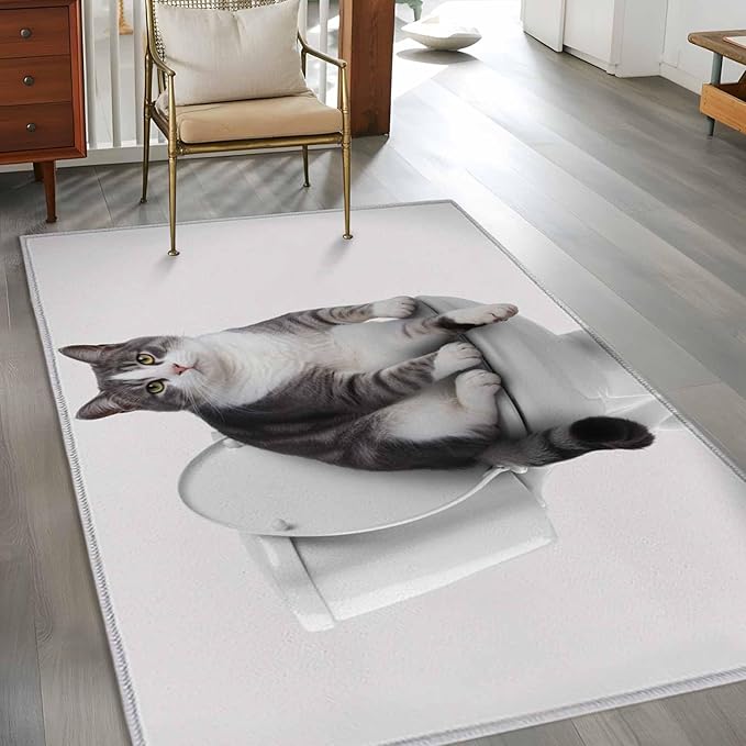 Area Rug 4x6ft, Cute Funny Cat on The Toilet Washable Rugs for Living Room Bedroom, Animal Grey Art Soft Non-Slip Area Rugs Rectangle Floor Carpet for Dining Room
