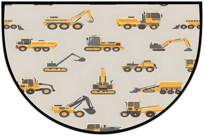 Yellow Excavator Trucks Half-Round Door Mat | Indoor Entrance Half-Moon Rug | Low-Pile | Area Rug, Non-Slip, Absorbent Semi-Circle Welcome Mats for Kitchen, Patio, and Home Decor | 36x24 Inches