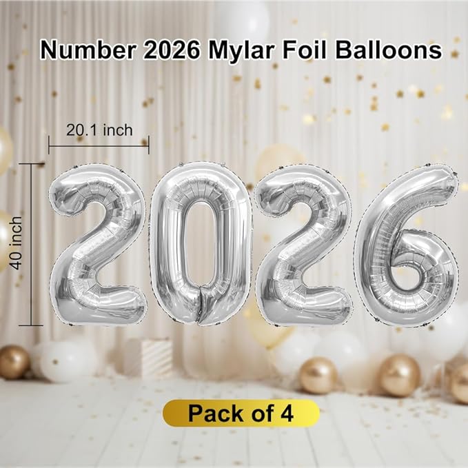 2026 Balloons 40 Inch 2026 Balloon Numbers Silver for New Years Decorations New Years Balloons for Graduation Nye Decoration Mylar Foil 20 26 Globos De Año Nuevo for Graduation Silver Party Supplies