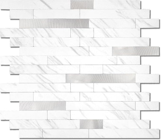 Yipscazo 10 Sheets Peel and Stick Stone Metal Tile Backsplash, Stick on Tiles for Backsplash Kitchen, Bathroom, Laundry Room, Camper, Fireplace (12'' X 12'', White Stone with Metal)